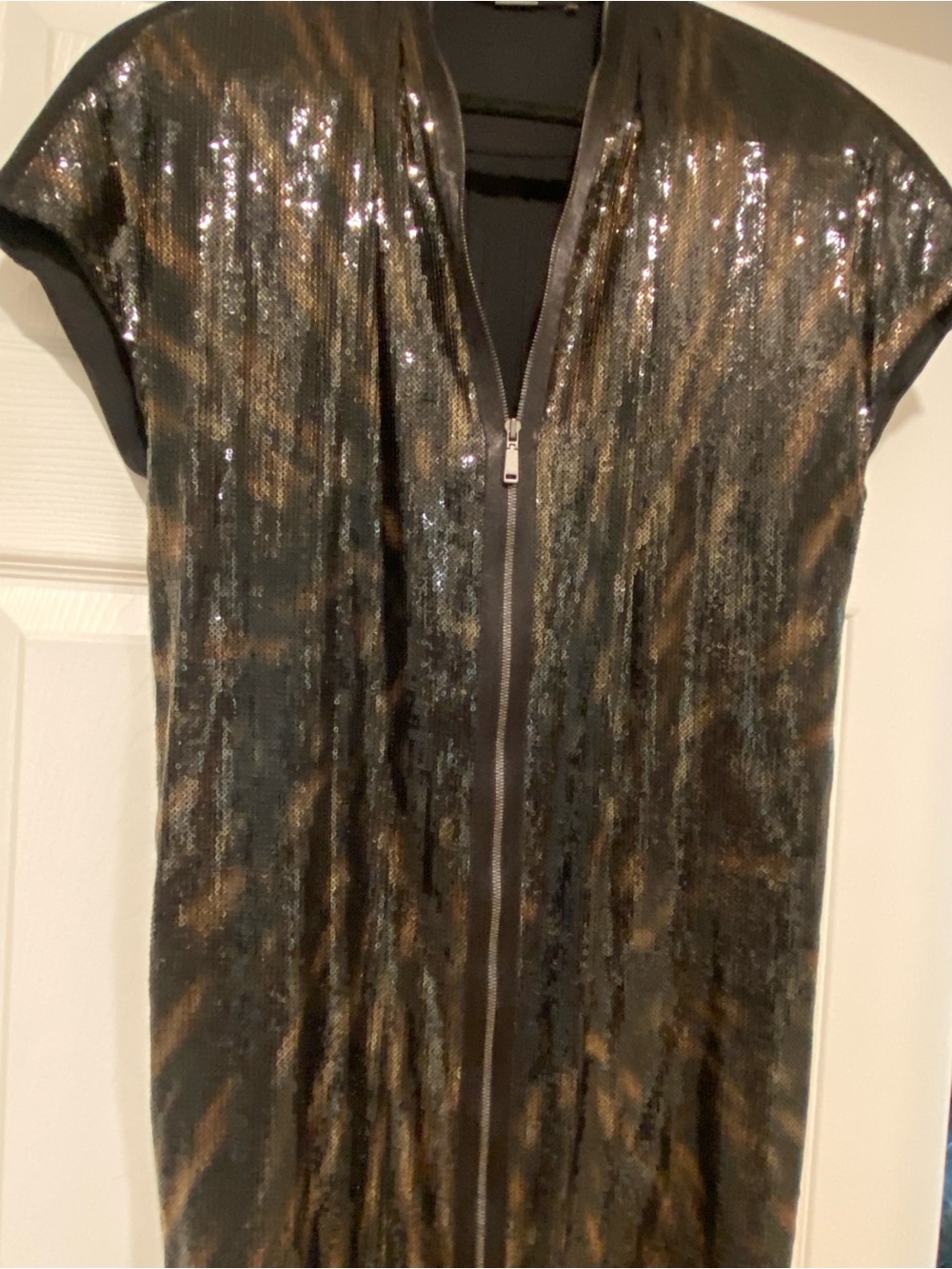 Elie Tahari Dallas Black Fireburst Sequin ShortSleeve Tunic Zip-Front Mini Dress